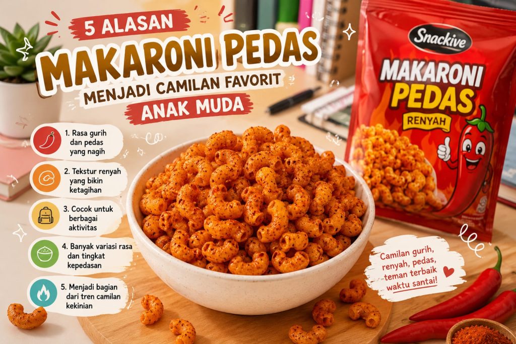 Makaroni pedas renyah dengan bumbu pedas gurih yang menjadi camilan favorit anak muda