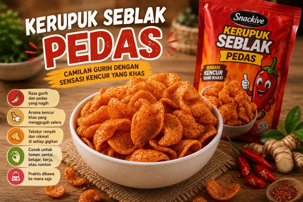 Kerupuk seblak pedas renyah dengan bumbu kencur dalam mangkuk putih diatas meja kayu