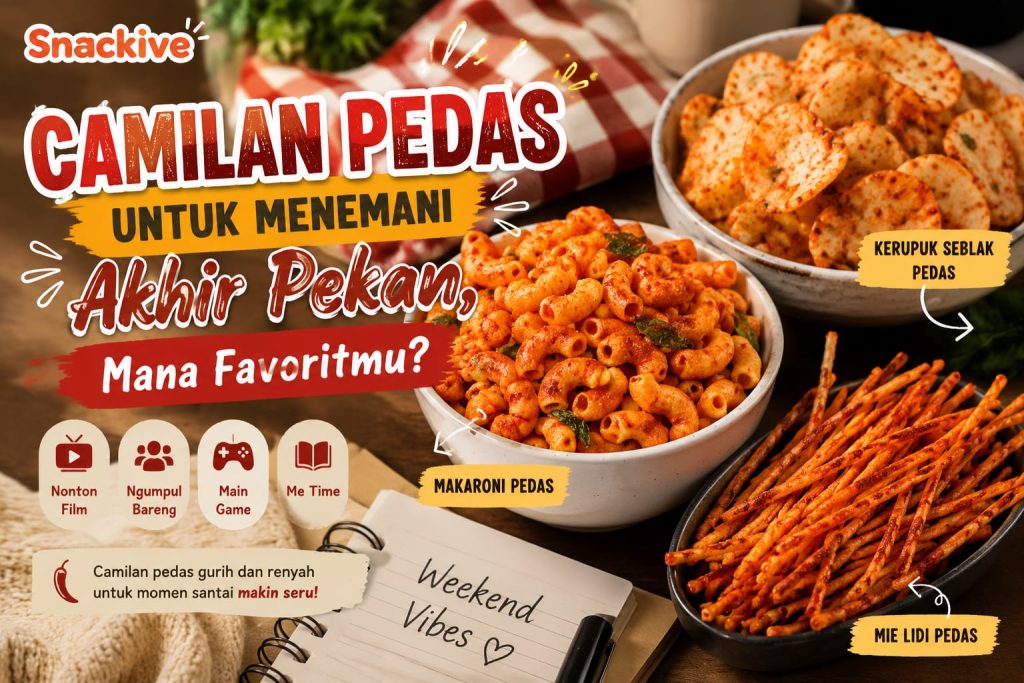 Aneka camilan pedas seperti makaroni, kerupuk seblak, dan mie lidi yang cocok untuk menemani akhir pekan